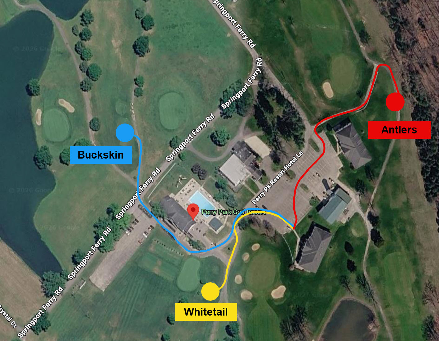 Perry Park course map showing the starting tees for Antlers, Buckskin, and Whitetail
